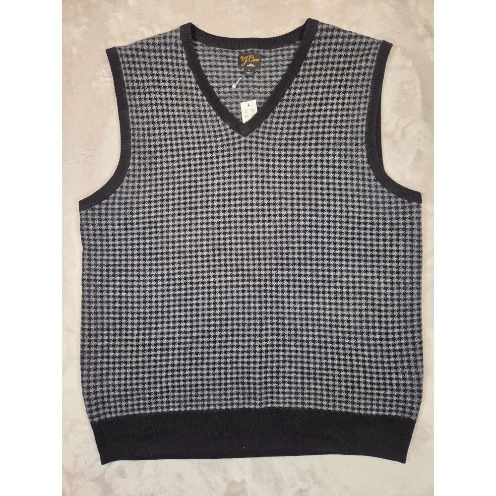 NWT J.Crew Cashmere Houndstooth Sweater Vest Men’s L Black Gray Preppy